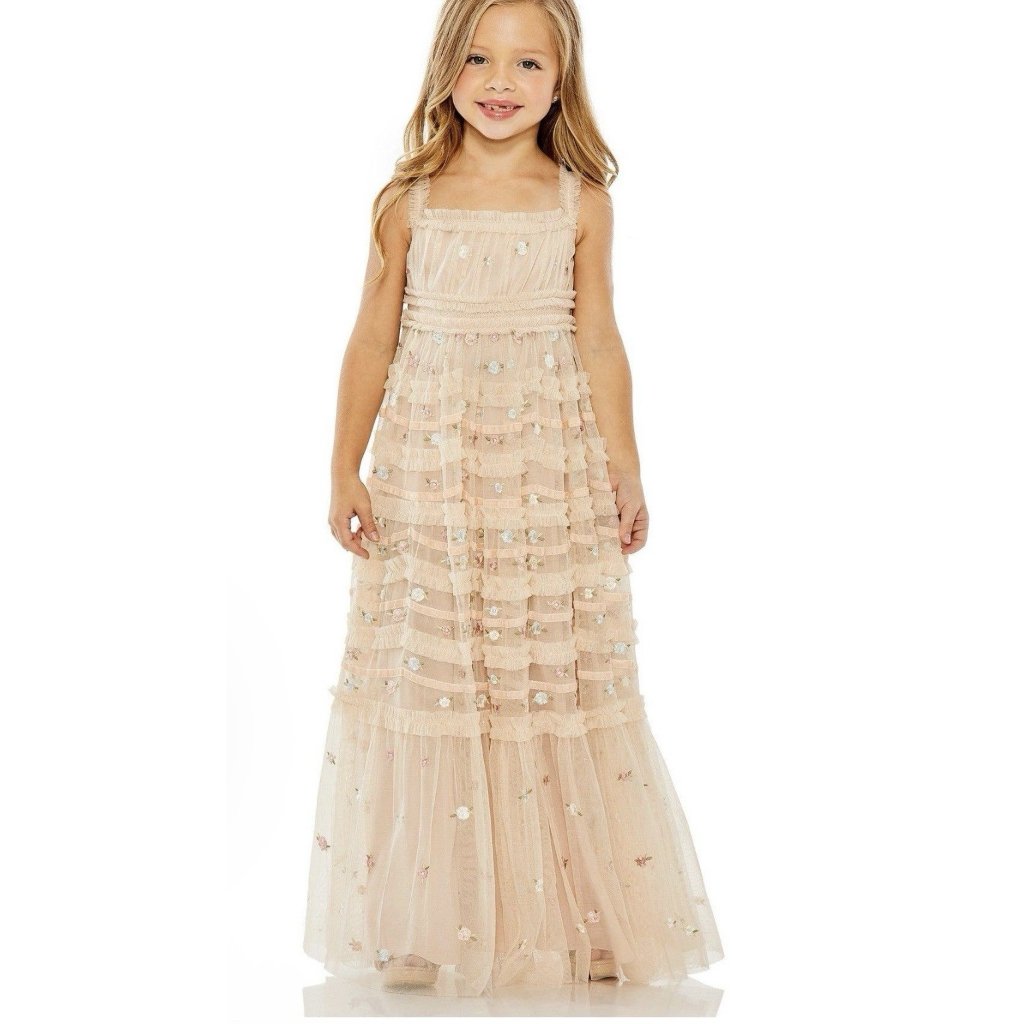 Mac Duggal Dress Girls Size 2 Blush Ruffle Tiered Floral Embroidered 8217 $498